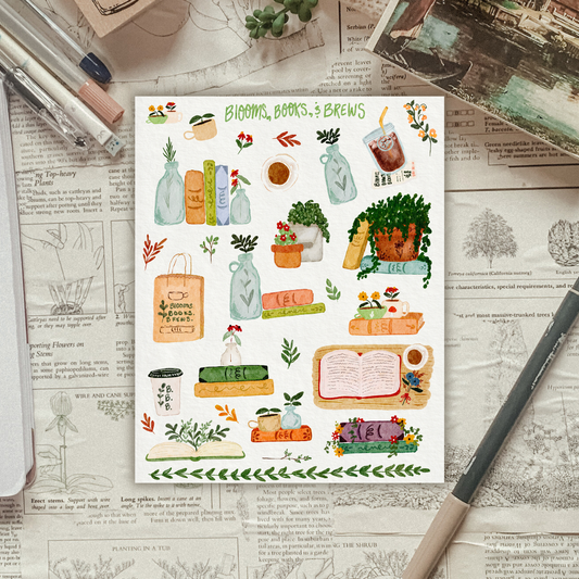 Blooms, Books, & Brews Sticker Sheet