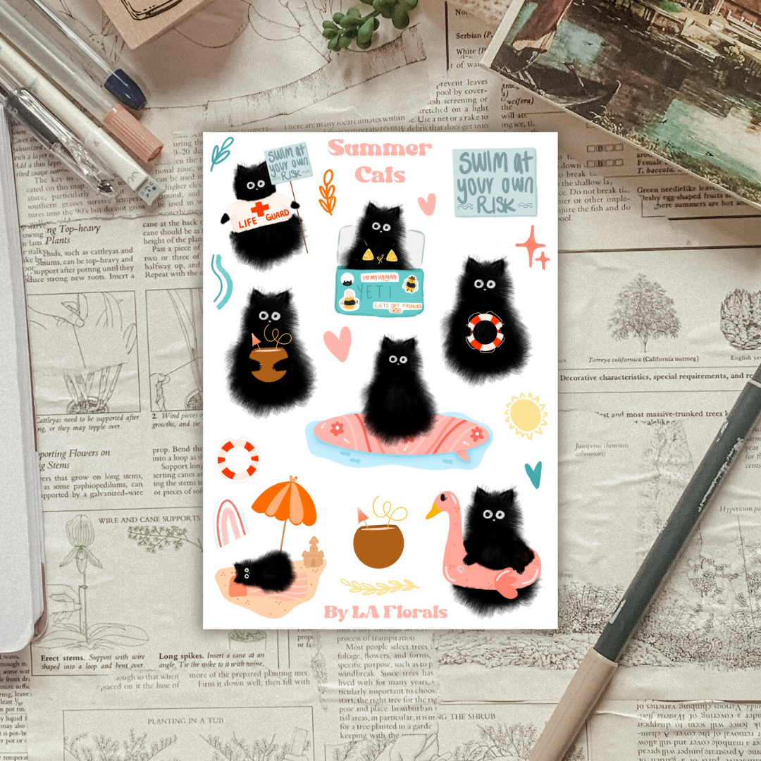 Black Cat Summer Beach Day Sticker Sheet