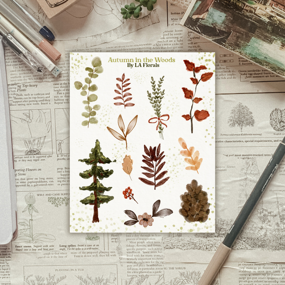 Autumn in the Woods Watercolor Sticker Sheet