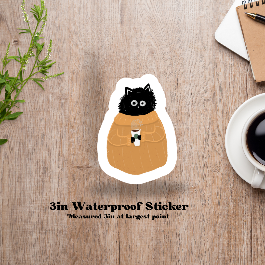 Coffee Black Cat 3in Waterproof Sticker