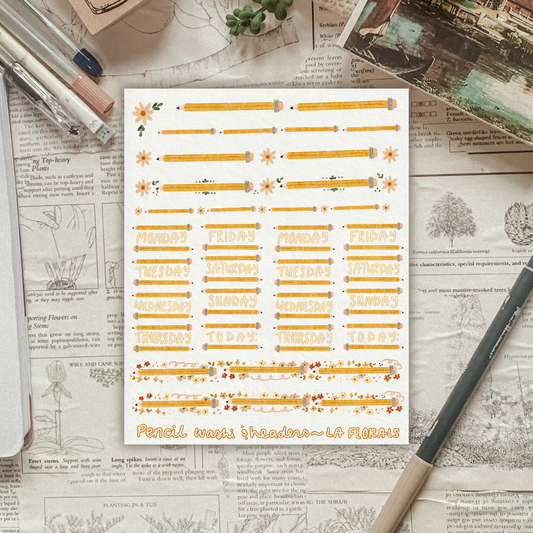 Textured background with a sticker sheet featuring pencils laying on top. 