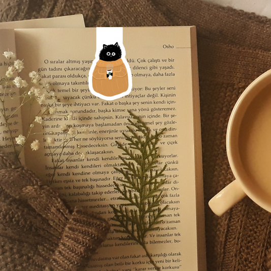 Coffee Cup Black Cat Folding Magnetic Bookmark