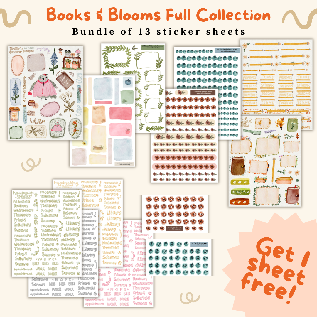 Collection of 13 sticker sheets from Books & Blooms with promotional text.