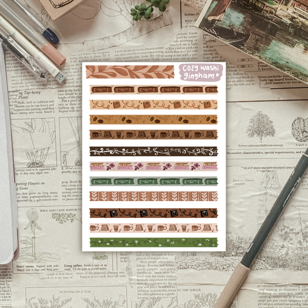 A sticker sheet with patterned "washi-like" strips sits on a textured background of vintage newspaper and stationery items. 