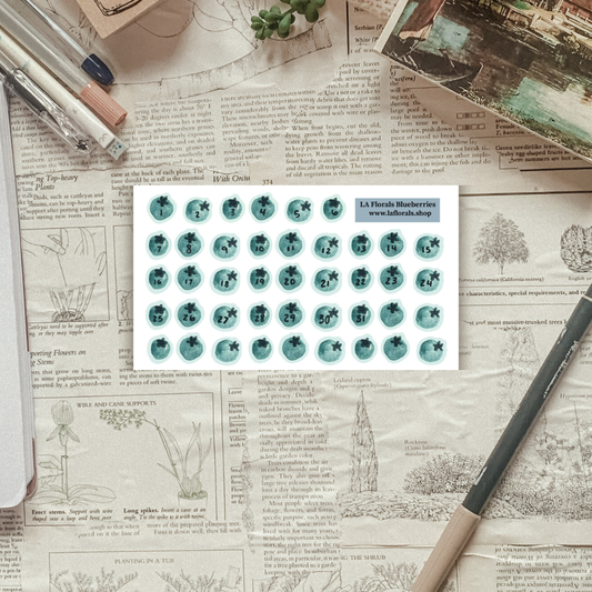 Textured background with a sticker sheet of blueberries laying on top. 